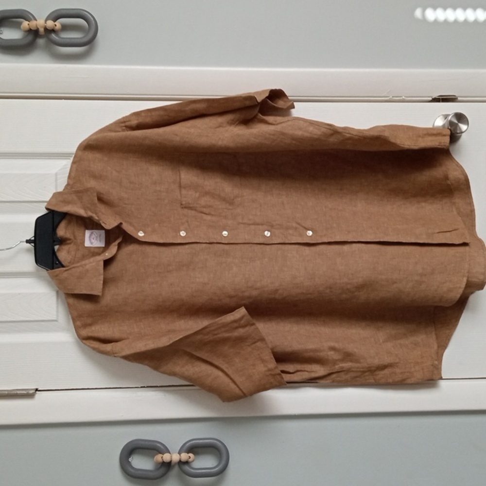 🚨BoGo½ BROOKS BROTHERS Tan 100% Linen Short Sleeve Button Up